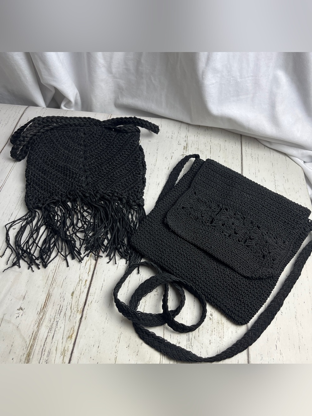 Set of two black crochet crossbody purses